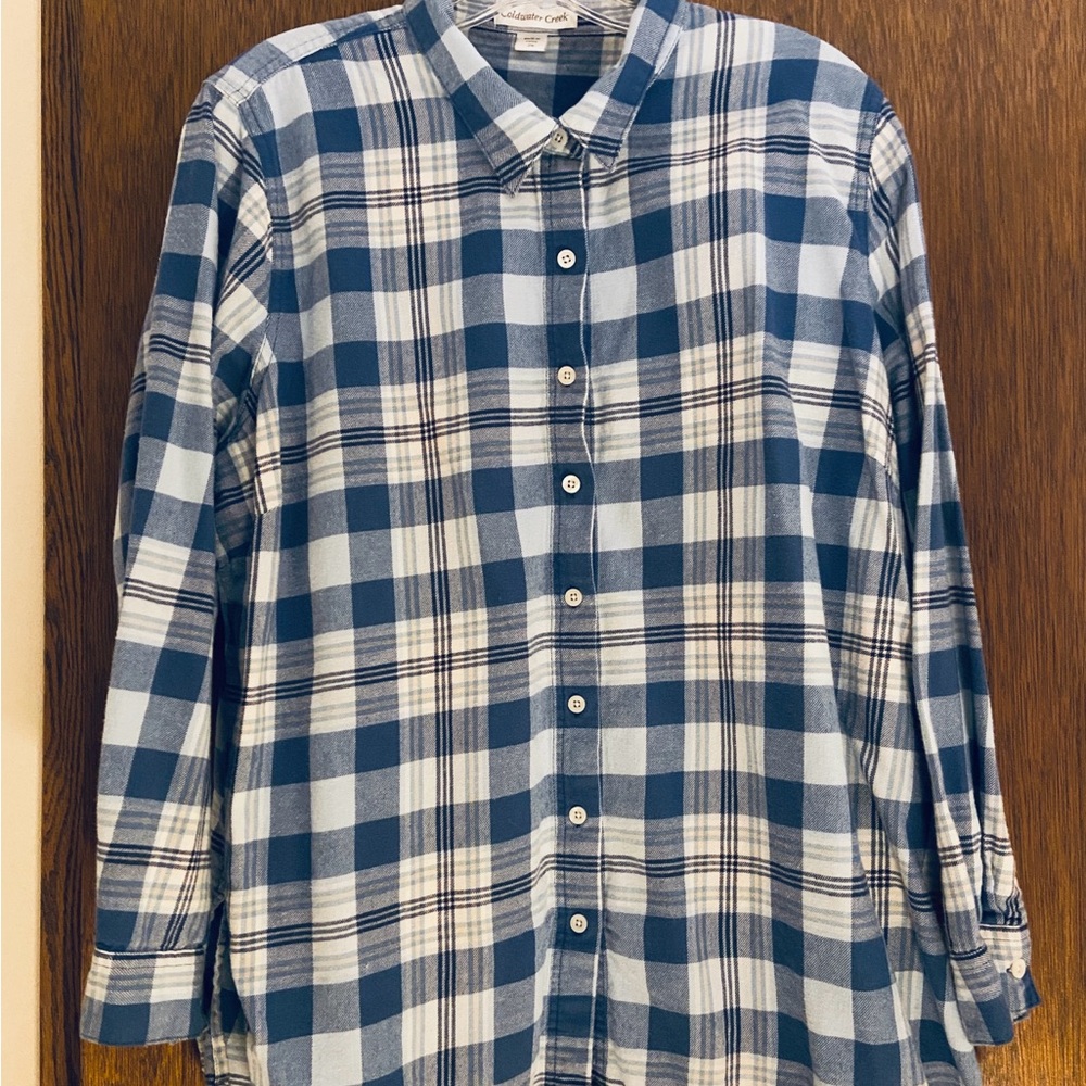 Coldwater Creek Plus Size 2X Blue and White Plaid Flannel Shirt